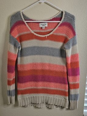 American Eagle Outfitters Scoop-Neck Striped Sweater in Coral, Pink & Gray